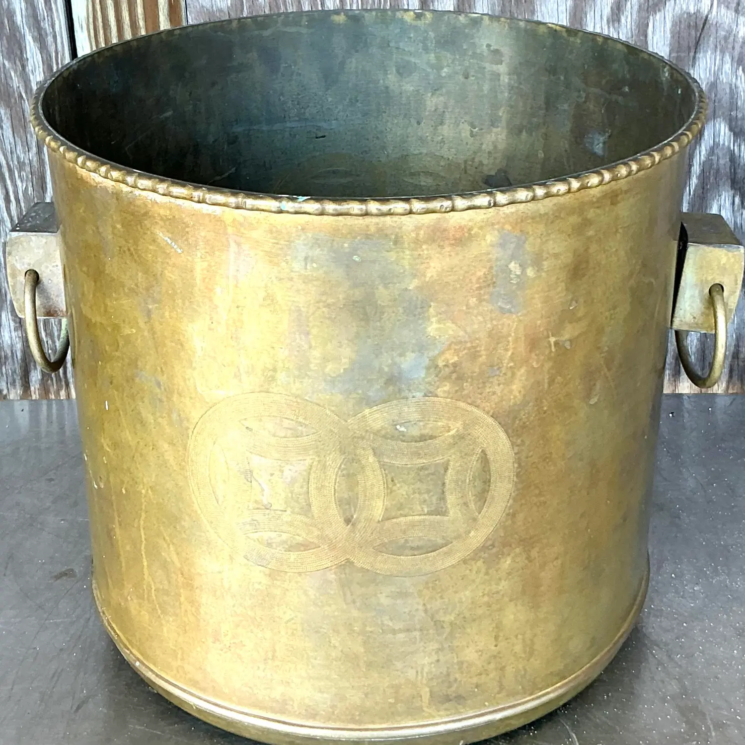Vintage Regency Brass Medallion Planter - Side view