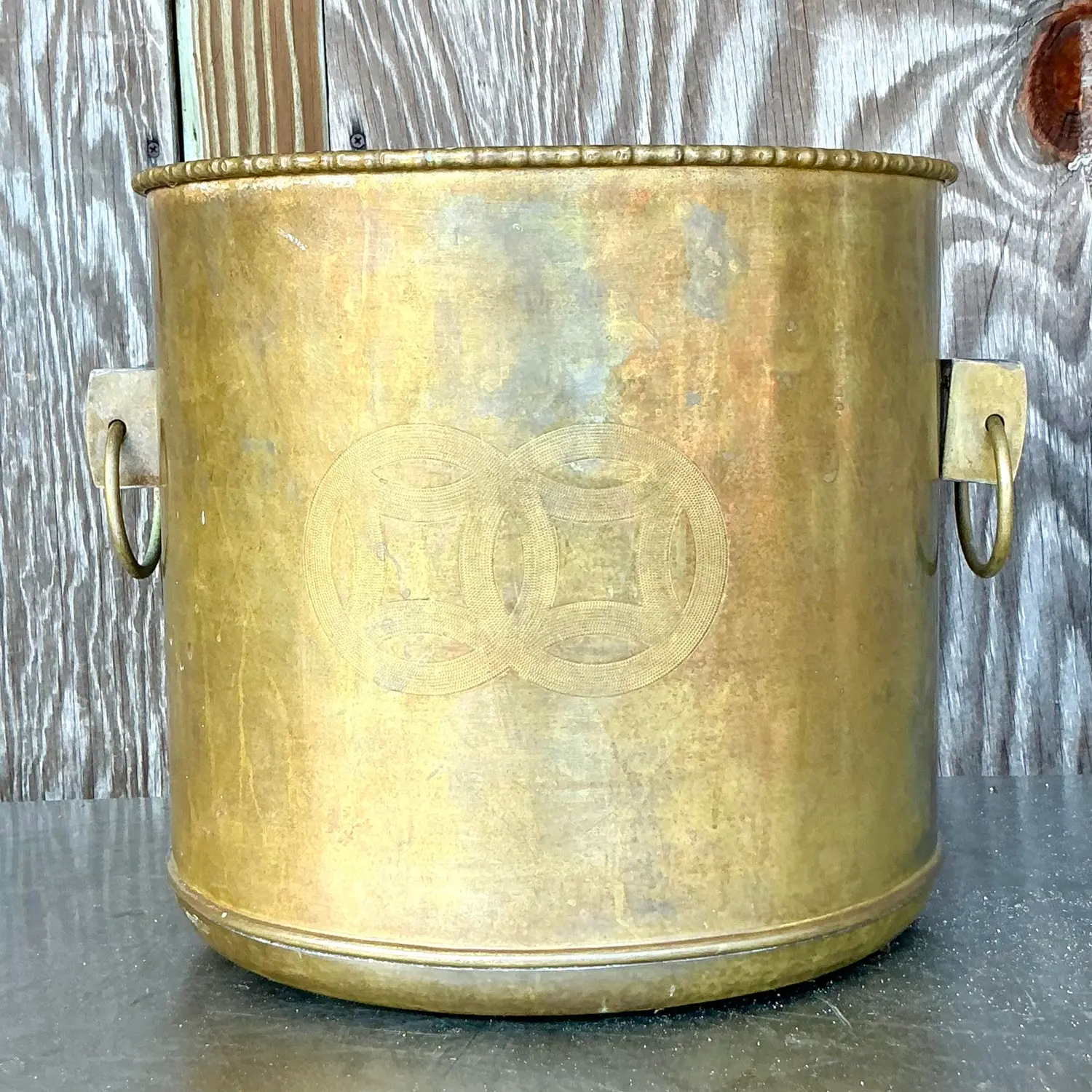 Vintage Regency Brass Medallion Planter - Back view
