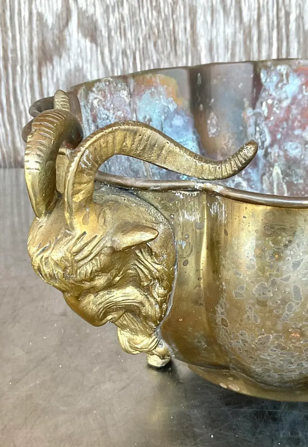 Vintage Regency Brass Rams Head Jardinere - Back view