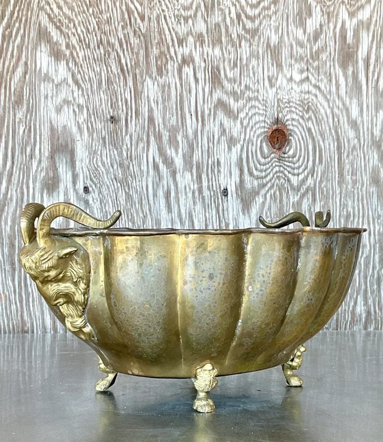 Vintage Regency Brass Rams Head Jardinere - Side view