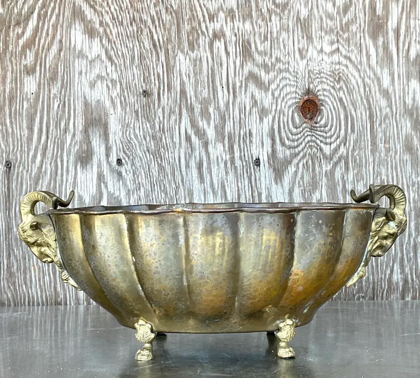 Vintage Regency Brass Rams Head Jardinere - Top view