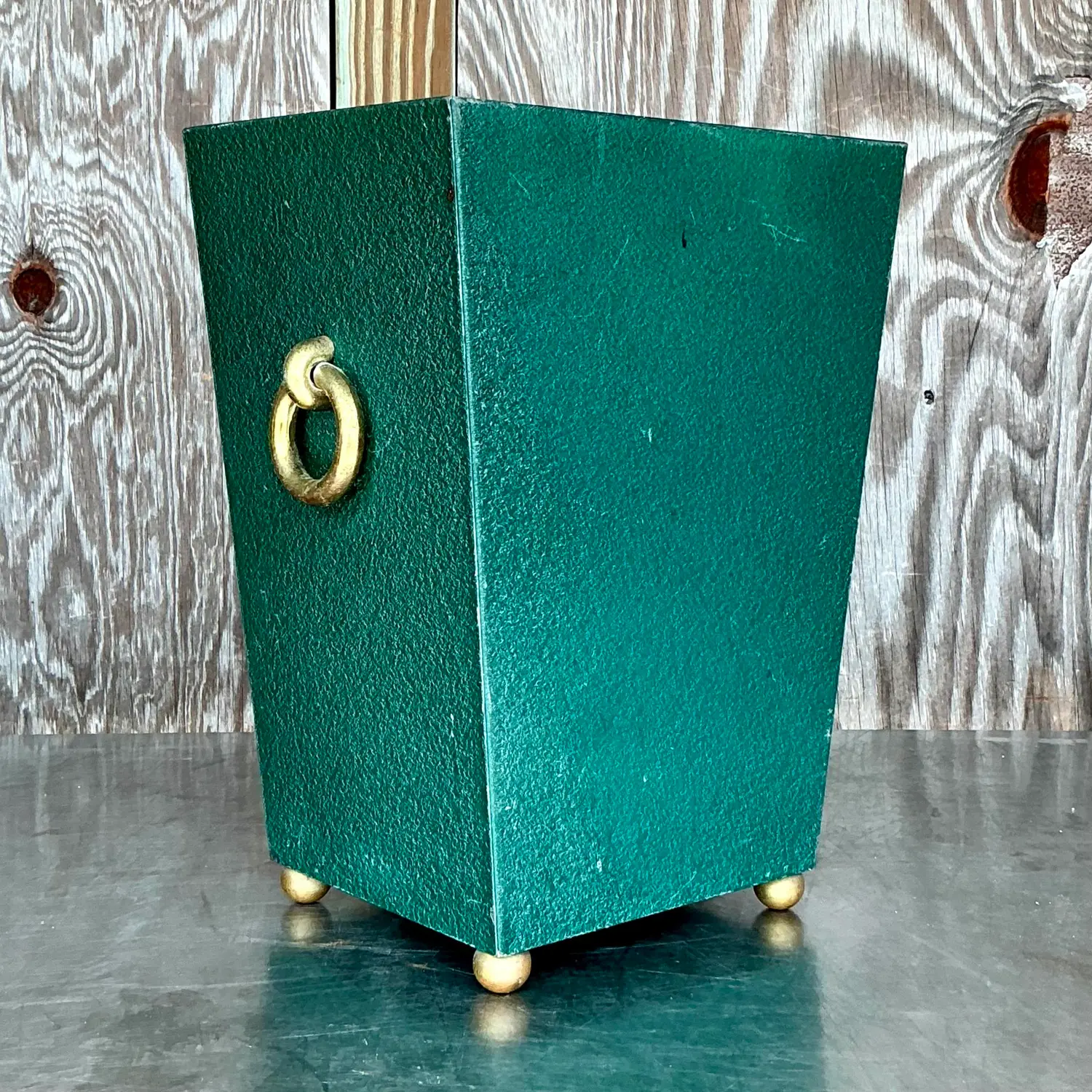 Vintage Regency Brass Ring Pebbled Trash Can - Side view