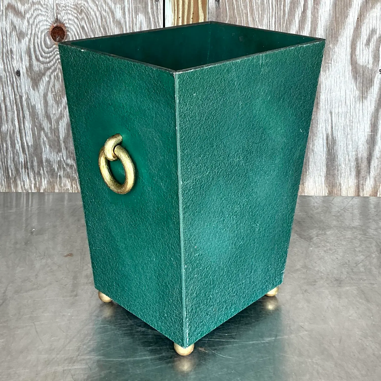 Vintage Regency Brass Ring Pebbled Trash Can - Top view