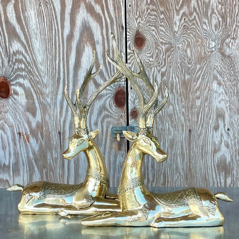 Vintage Regency Brass Sitting Deers- a Pair - Detail view