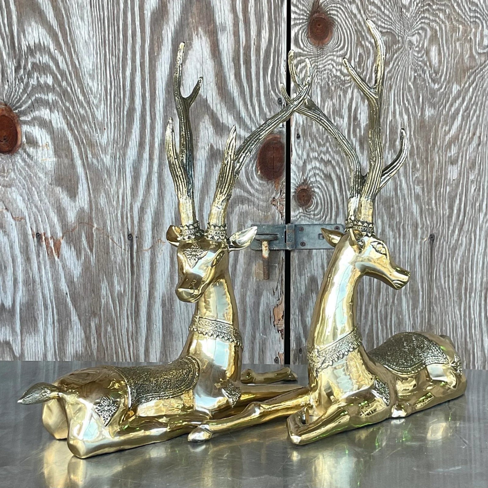 Vintage Regency Brass Sitting Deers- a Pair - Top view