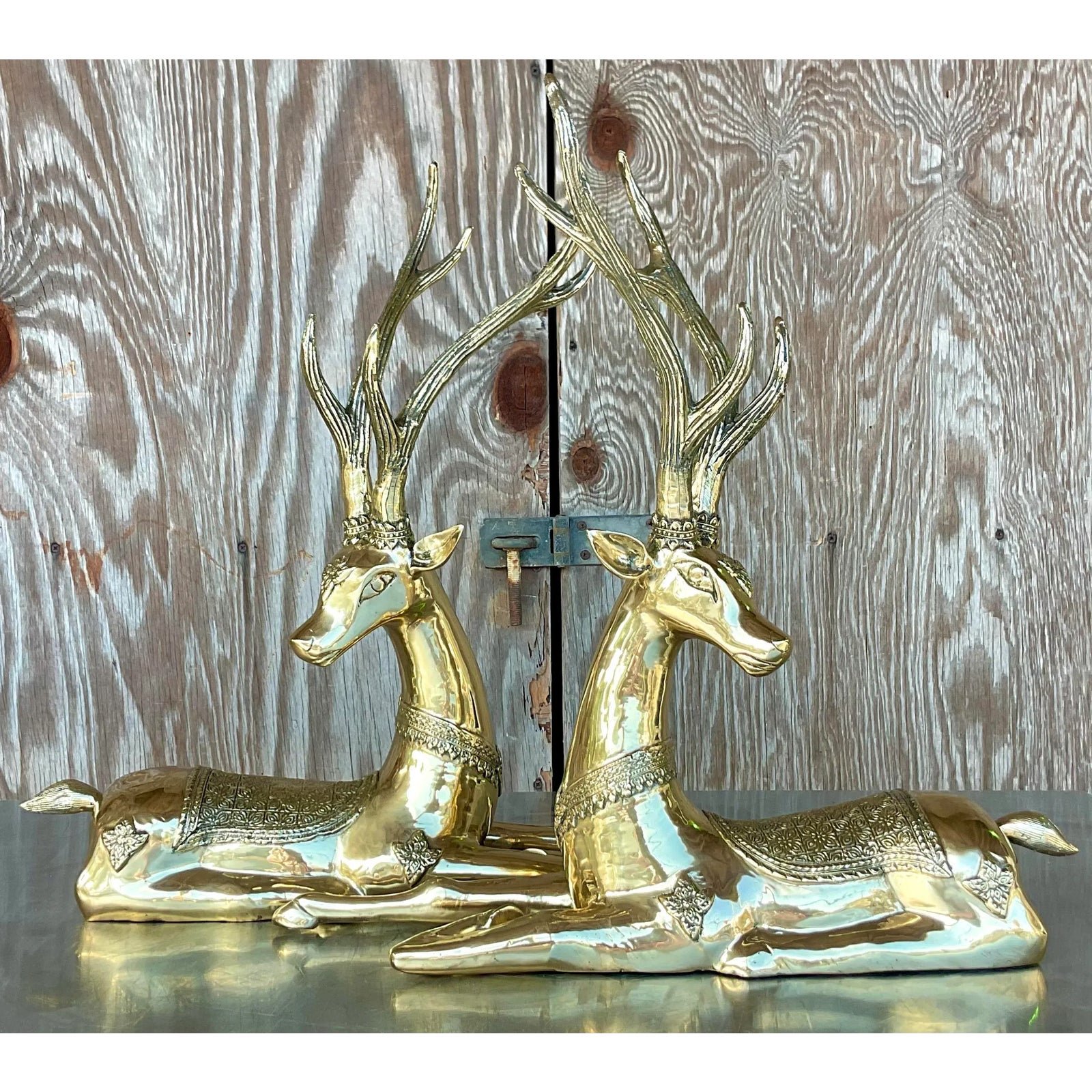 Vintage Regency Brass Sitting Deers- a Pair - Back view