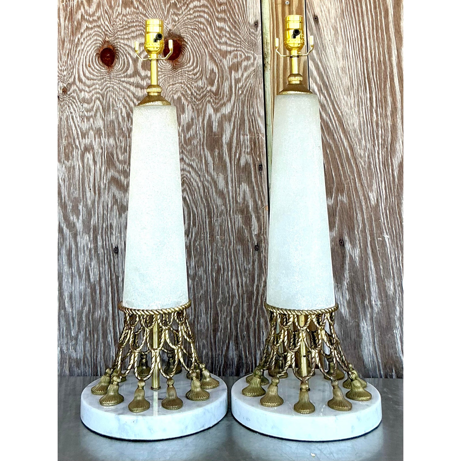 Vintage Regency Brass Swag and Tassle Lamps - A Pair - Side view