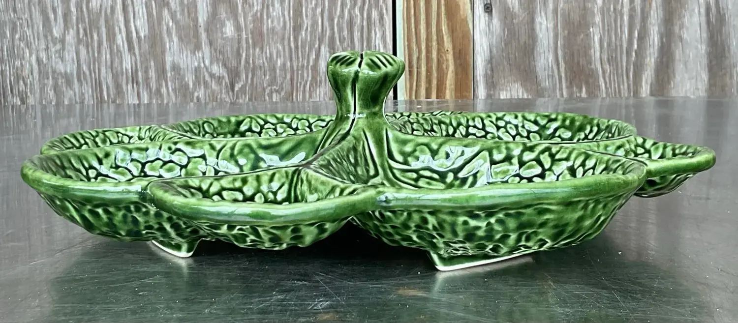 Vintage Regency Cabbage Leaf Glazed Ceramic Serving Plate - Top view
