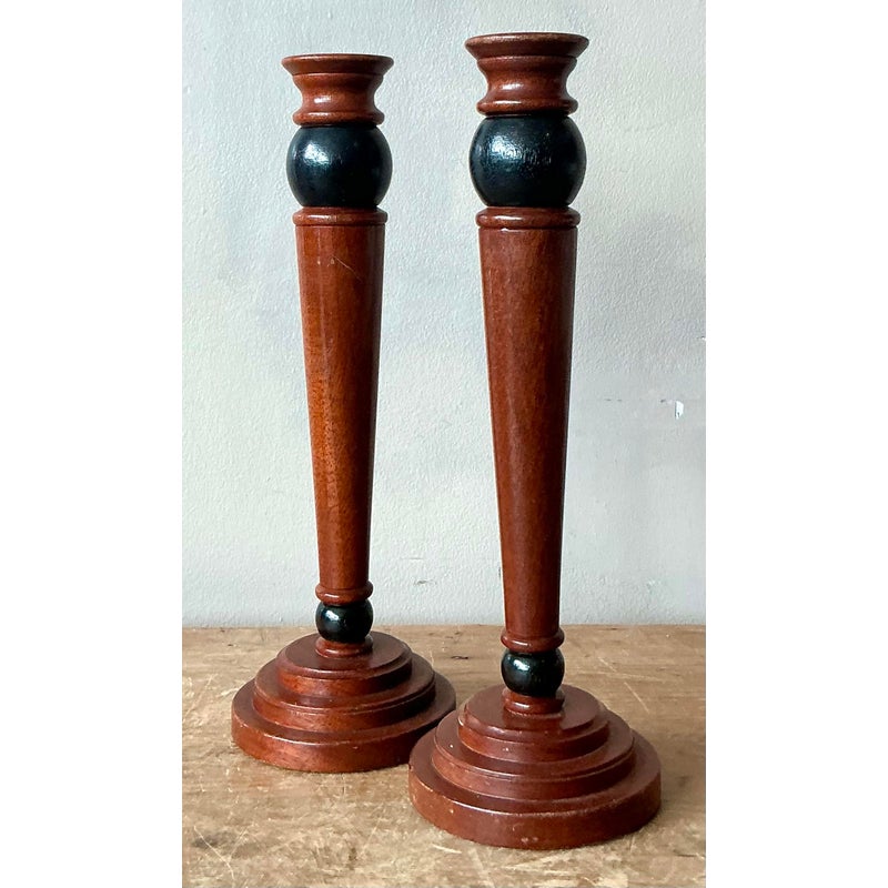 Vintage Regency Carved Pillar Candlesticks - A Pair - Back view