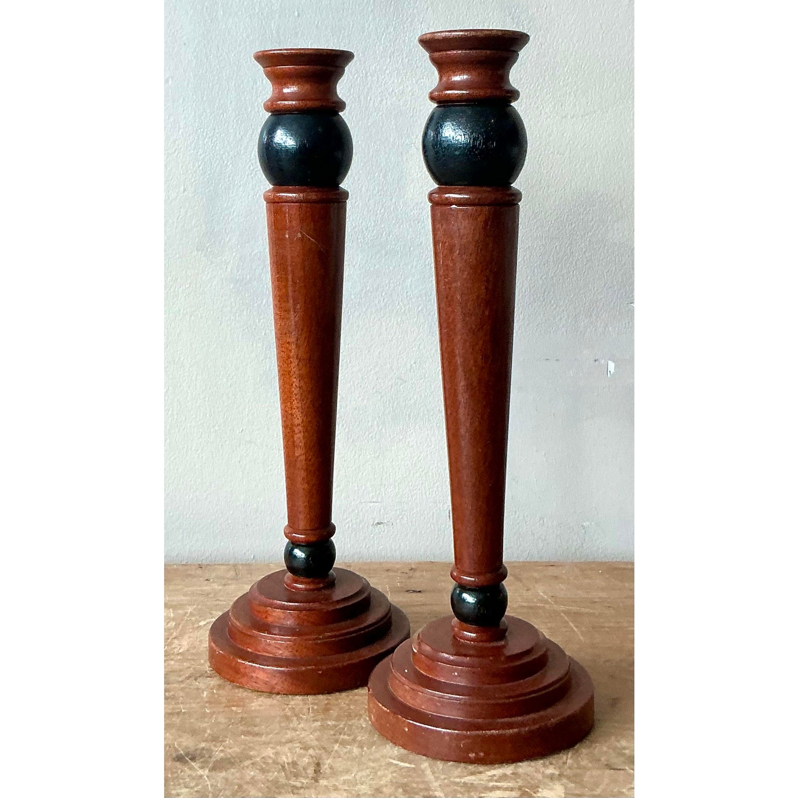 Vintage Regency Carved Pillar Candlesticks - A Pair - Top view