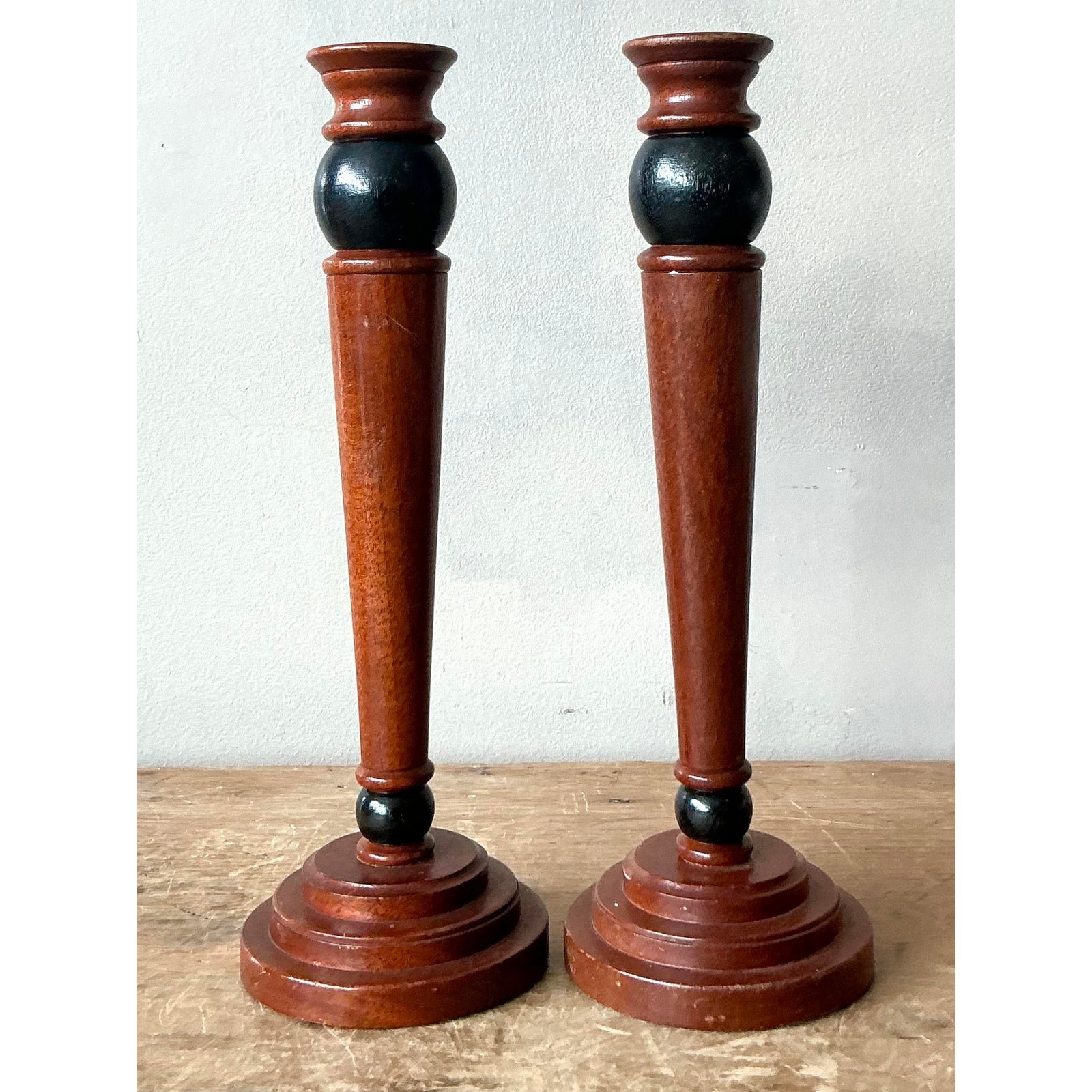 Vintage Regency Carved Pillar Candlesticks - A Pair - Detail view
