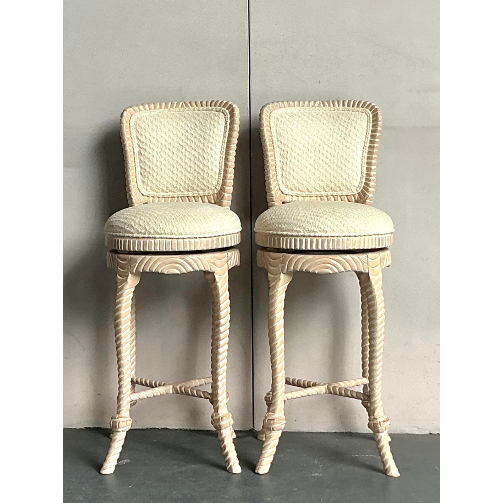 Vintage Regency Carved Rope Bar Stools - A Pair - Detail view