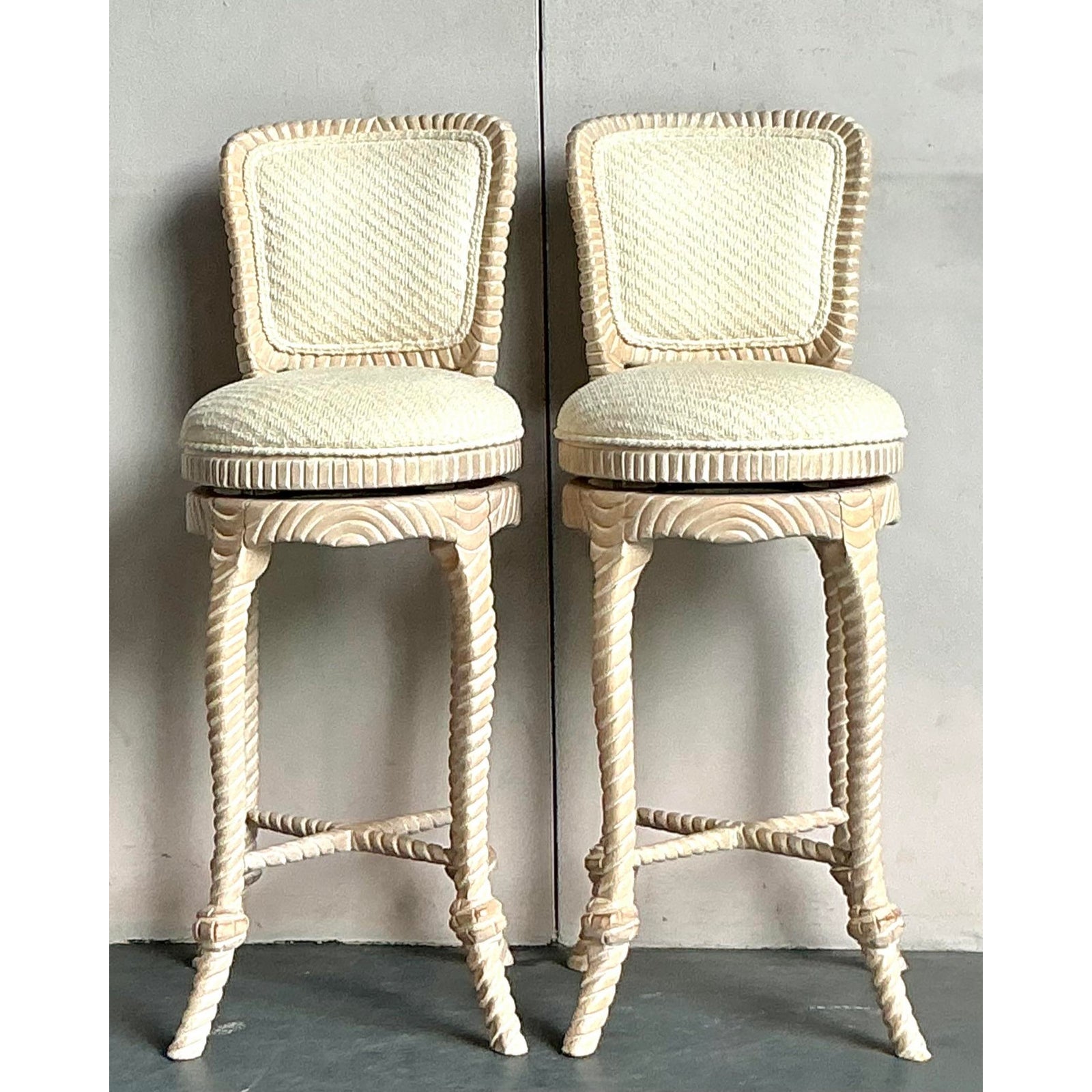 Vintage Regency Carved Rope Bar Stools - A Pair - Back view