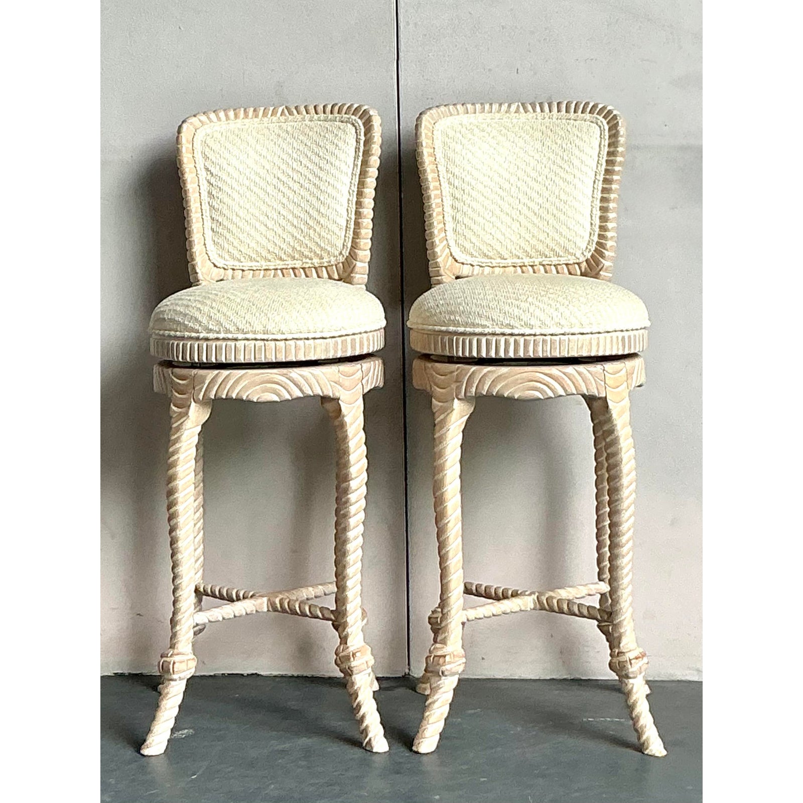 Vintage Regency Carved Rope Bar Stools - A Pair - Top view