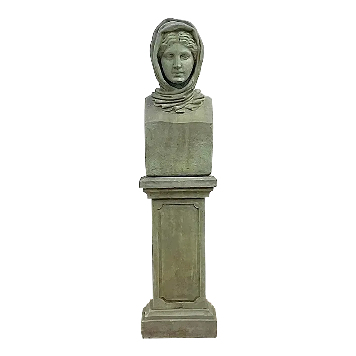 Vintage Regency Cast Concrete Bust of Woman in Hood - Detail view