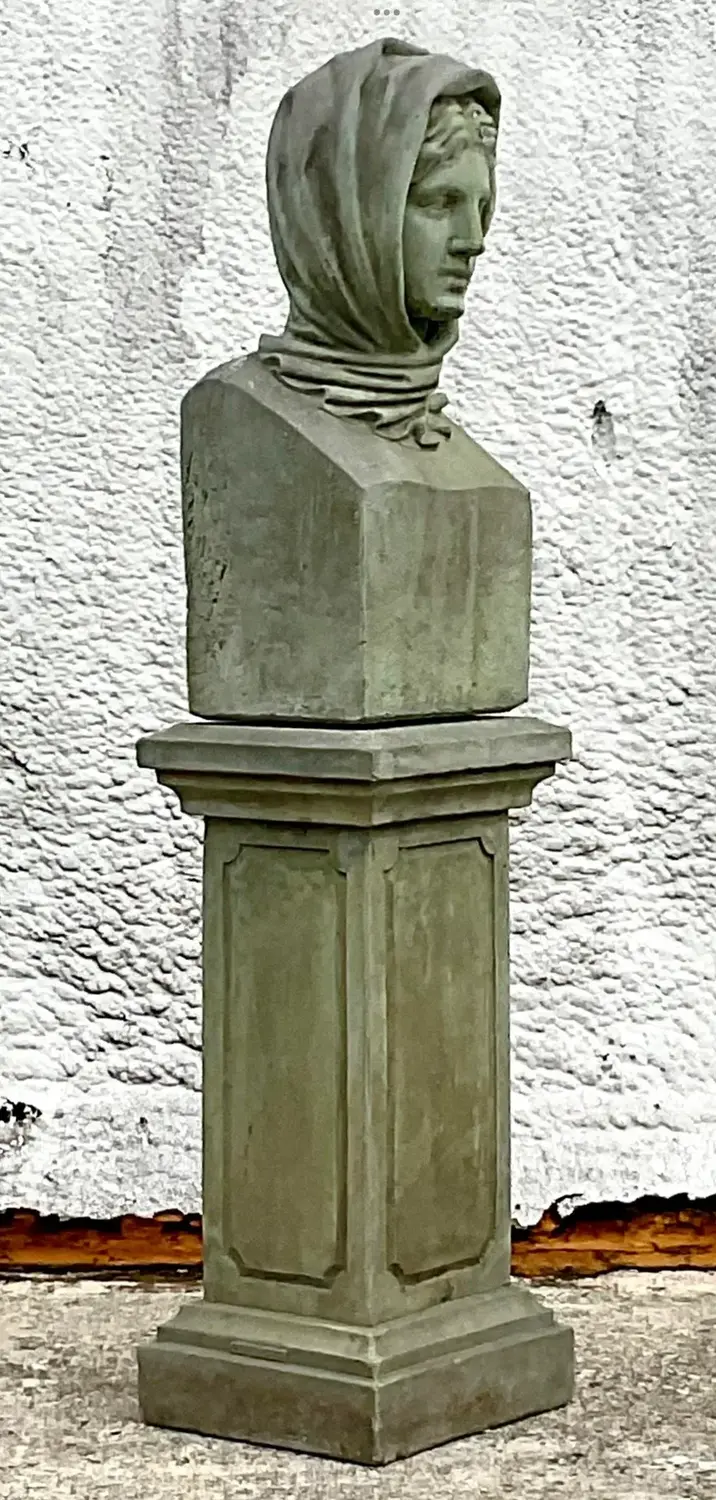 Vintage Regency Cast Concrete Bust of Woman in Hood - Side view