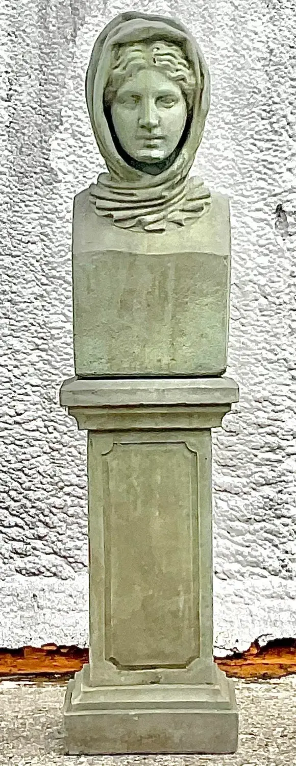 Vintage Regency Cast Concrete Bust of Woman in Hood - Back view