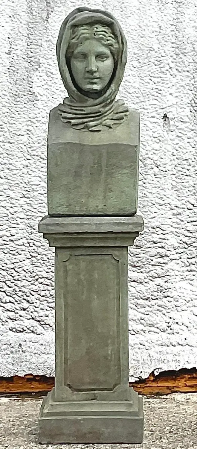 Vintage Regency Cast Concrete Bust of Woman in Hood - Top view