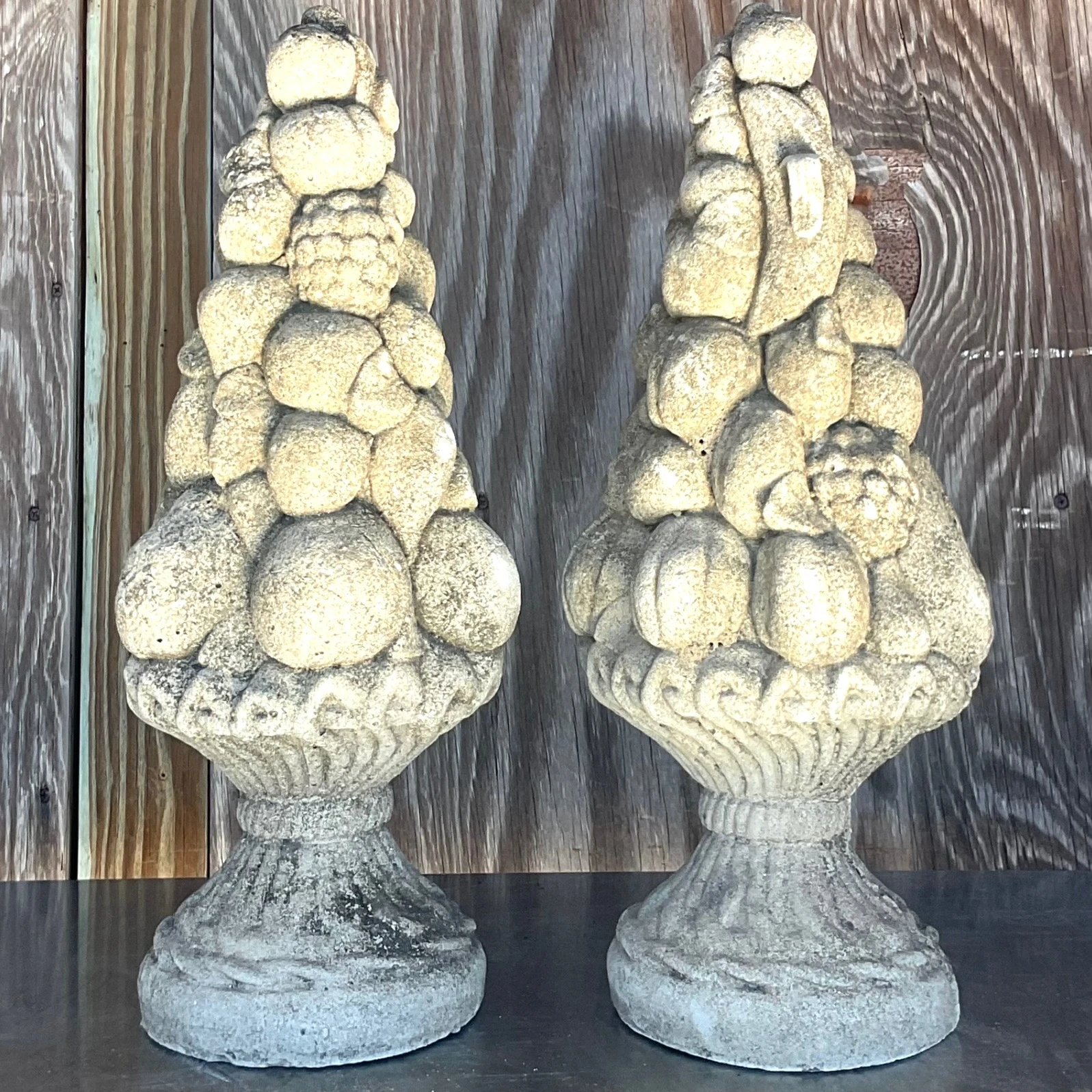 Vintage Regency Cast Concrete Fruit Topiary - a Pair - Side view