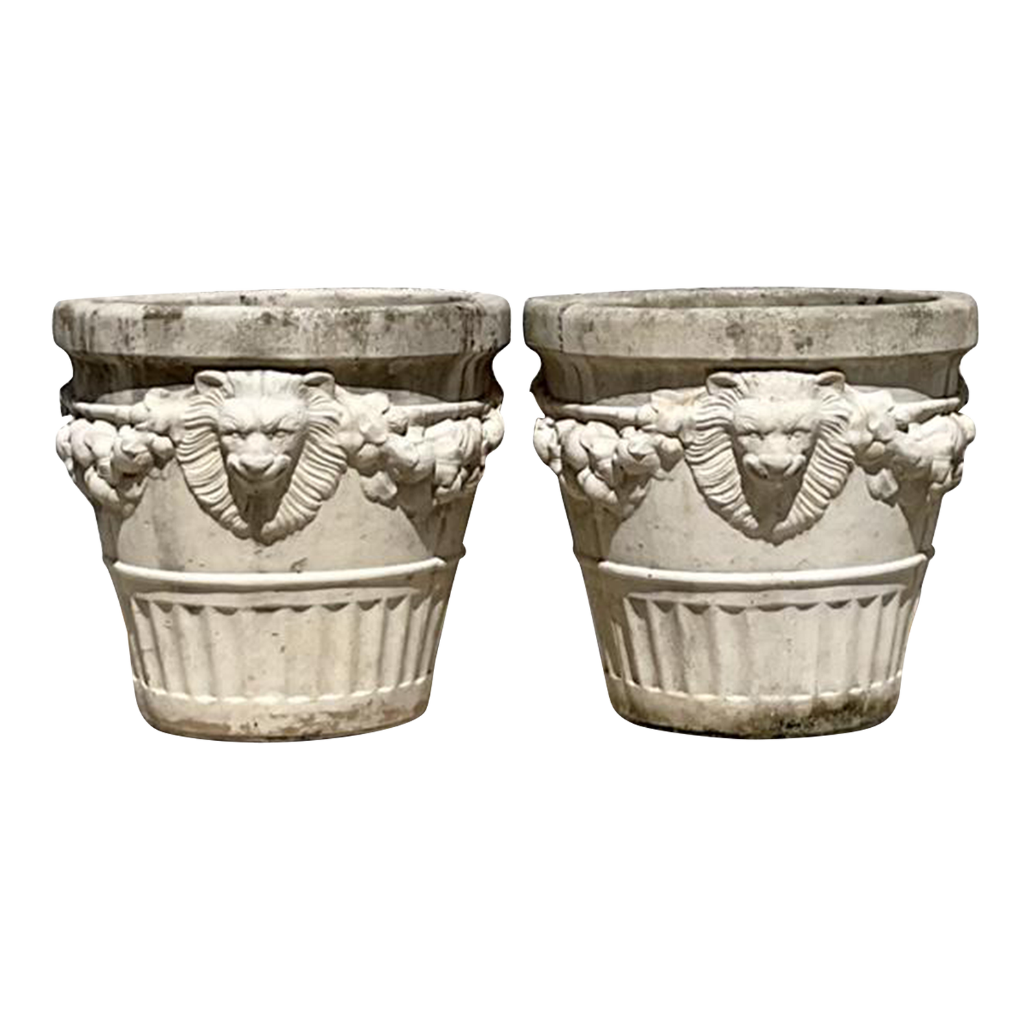 Vintage Regency Cast Concrete Lions Head Planters - a Pair - Detail view