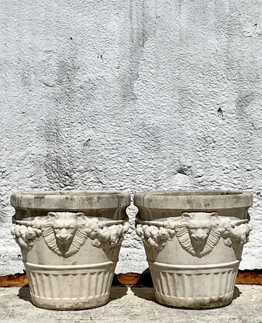 Vintage Regency Cast Concrete Lions Head Planters - a Pair - Side view