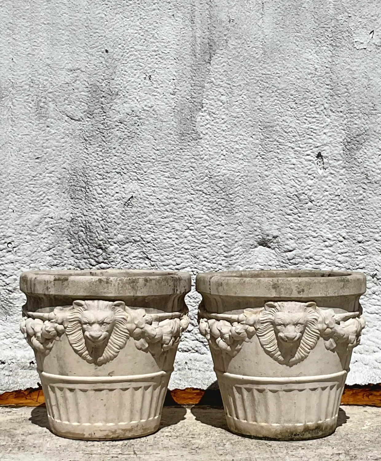 Vintage Regency Cast Concrete Lions Head Planters - a Pair - Top view