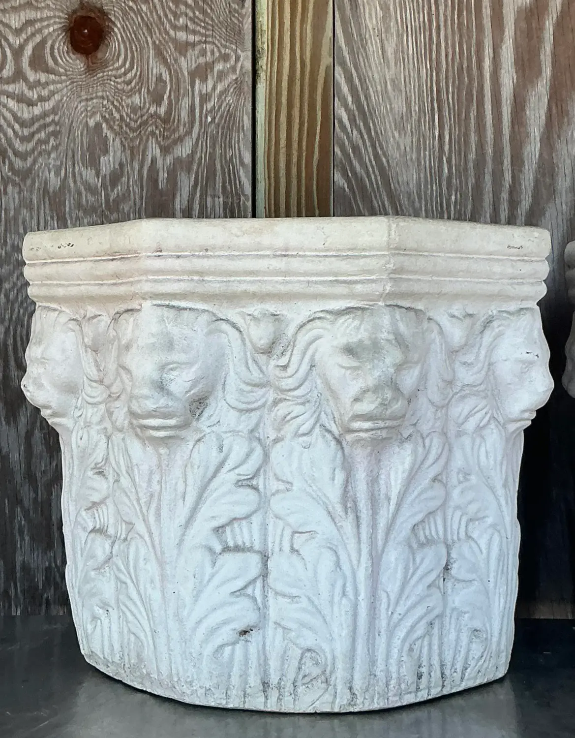 Vintage Regency Cast Concrete Lions Head Planters - Set of 2 - Side view
