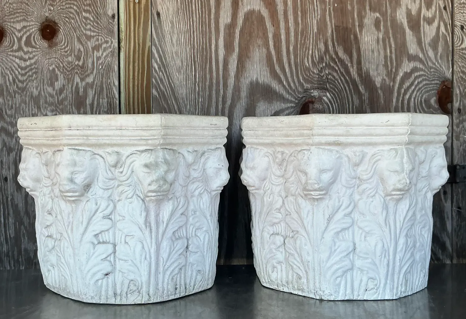 Vintage Regency Cast Concrete Lions Head Planters - Set of 2 - Back view