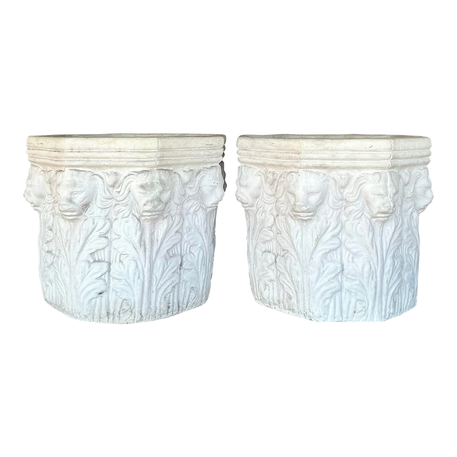 Vintage Regency Cast Concrete Lions Head Planters - Set of 2 - Detail view