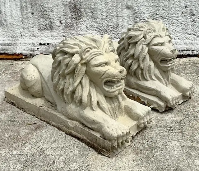 Vintage Regency Cast Concrete Lions - Set of 2 - Detail view