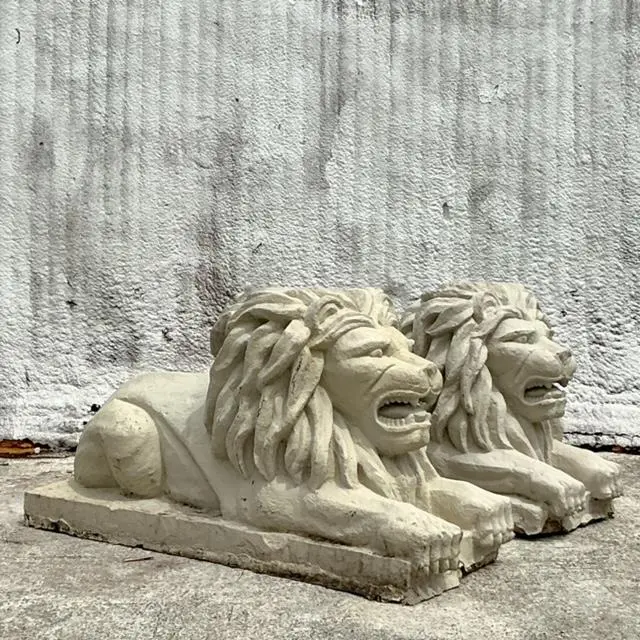 Vintage Regency Cast Concrete Lions - Set of 2 - Side view
