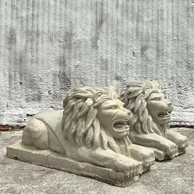 Vintage Regency Cast Concrete Lions - Set of 2 - Back view
