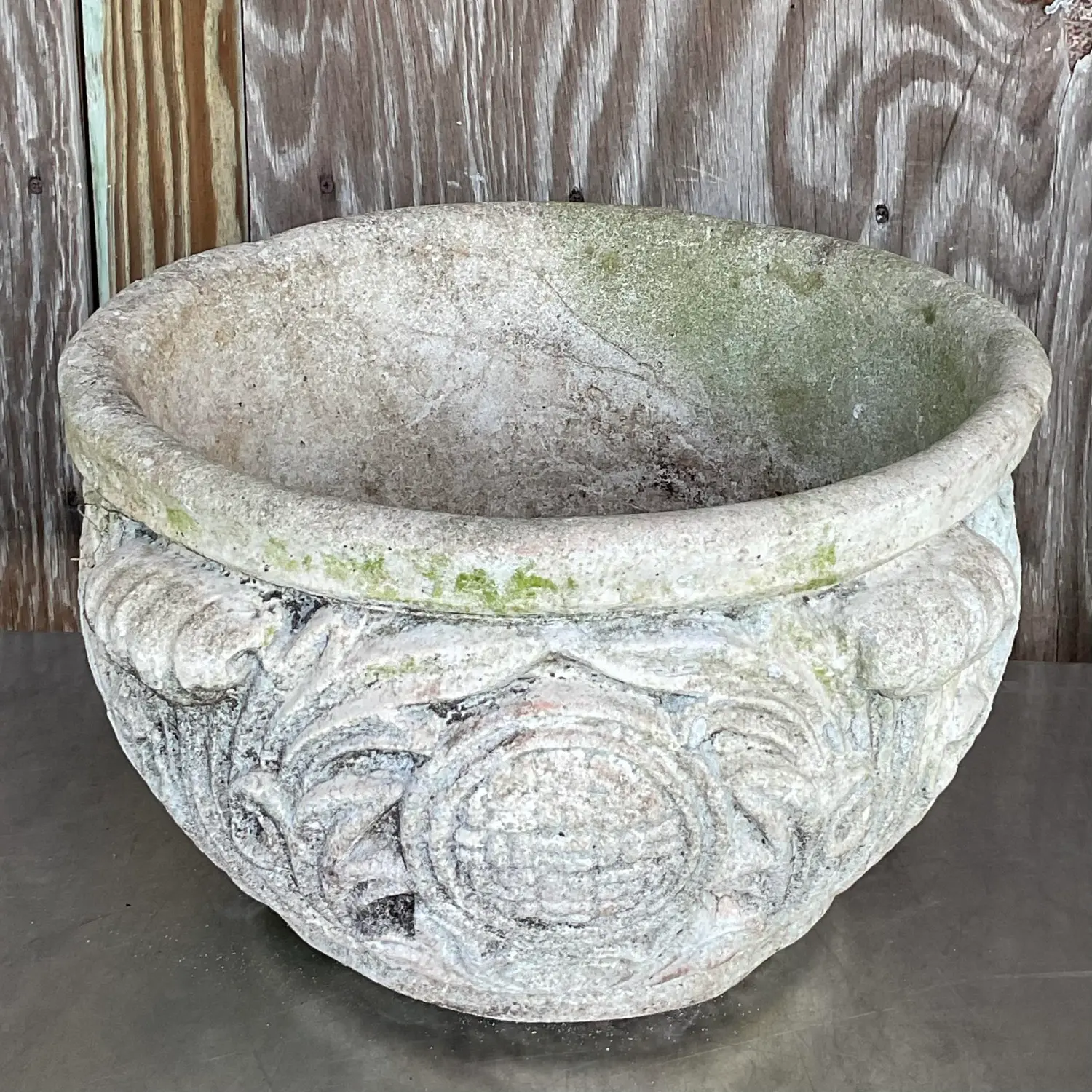 Vintage Regency Cast Concrete Medallion Planter - Side view