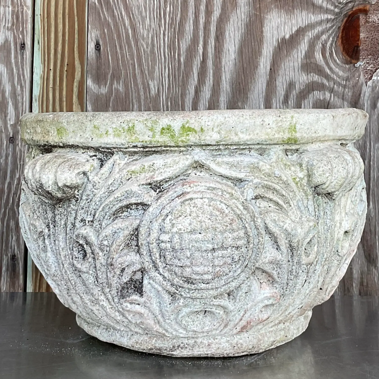 Vintage Regency Cast Concrete Medallion Planter - Detail view