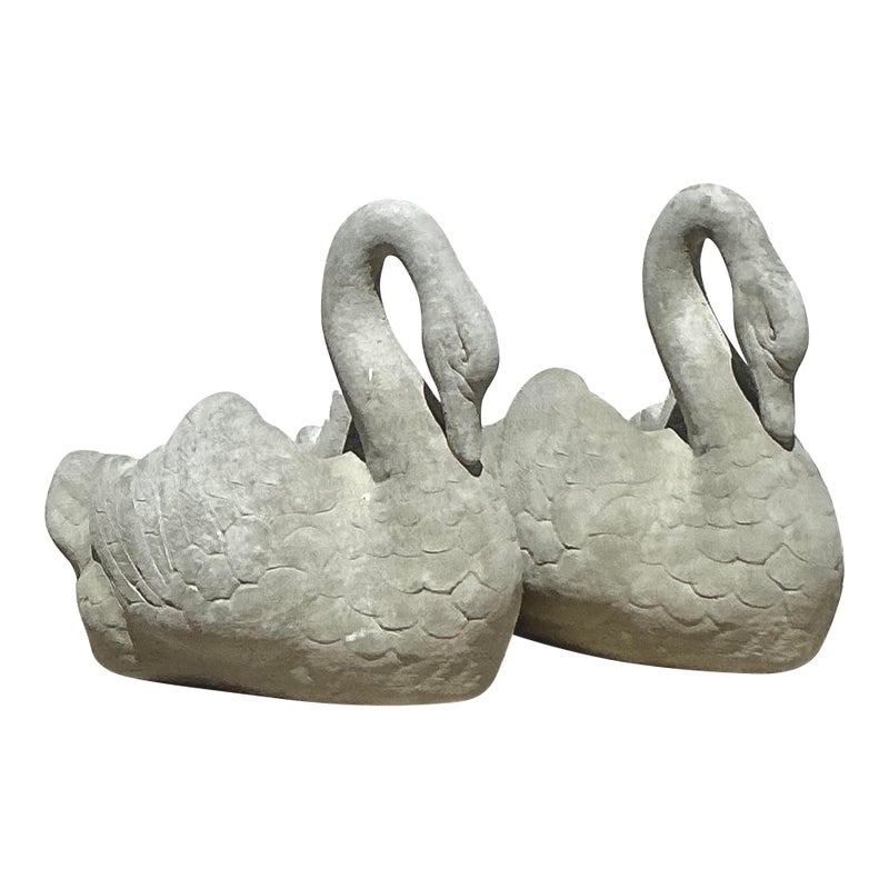 Vintage Regency Cast Stone Swan Planters - A Pair - Detail view