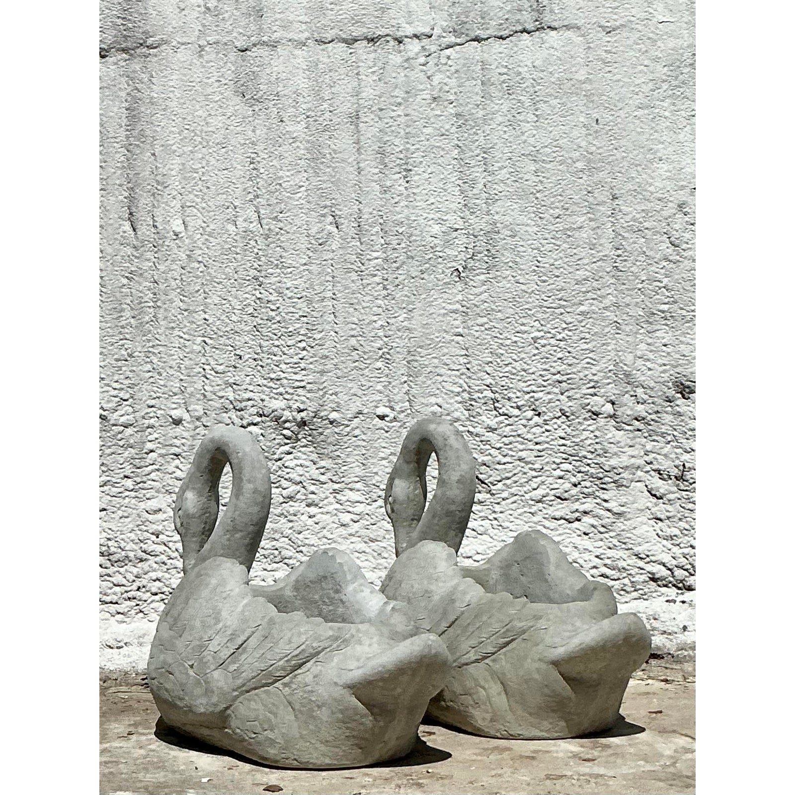 Vintage Regency Cast Stone Swan Planters - A Pair - Top view