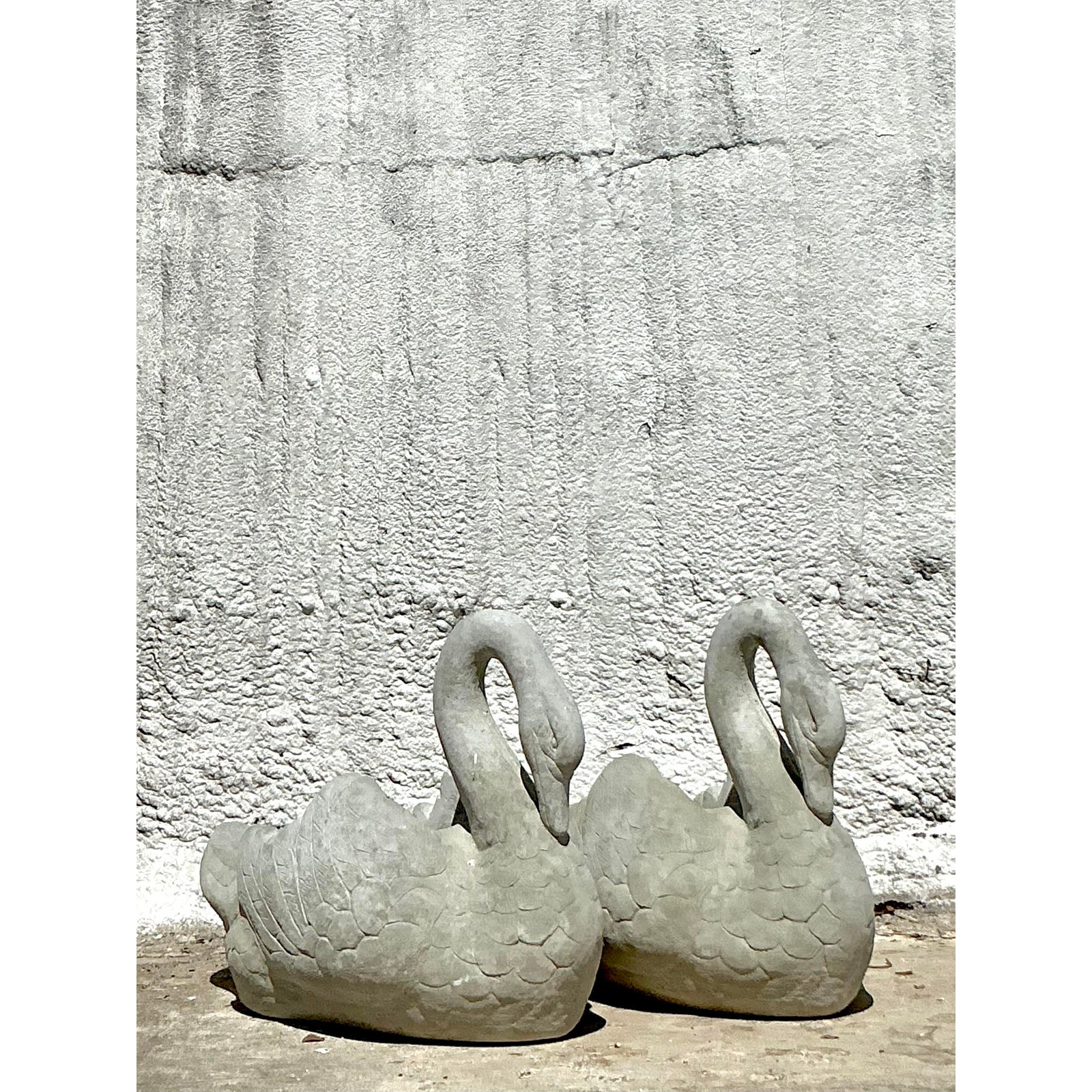 Vintage Regency Cast Stone Swan Planters - A Pair - Side view