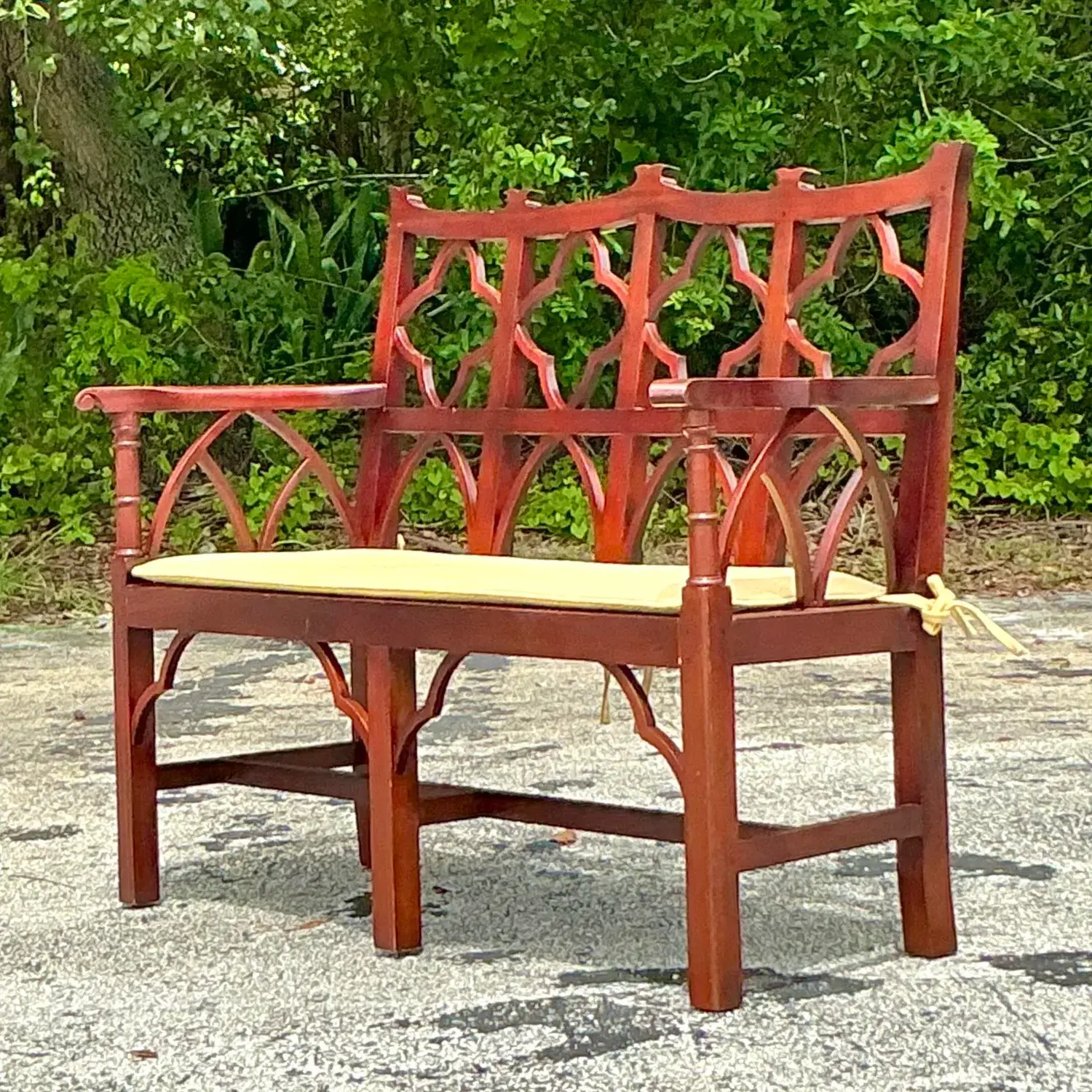 Vintage Regency Chinese Chippendale Wooden Bench - Side view