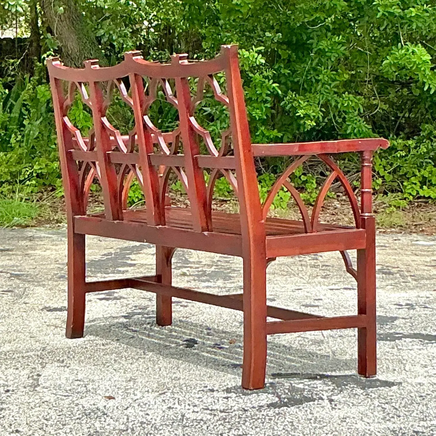Vintage Regency Chinese Chippendale Wooden Bench - Back view