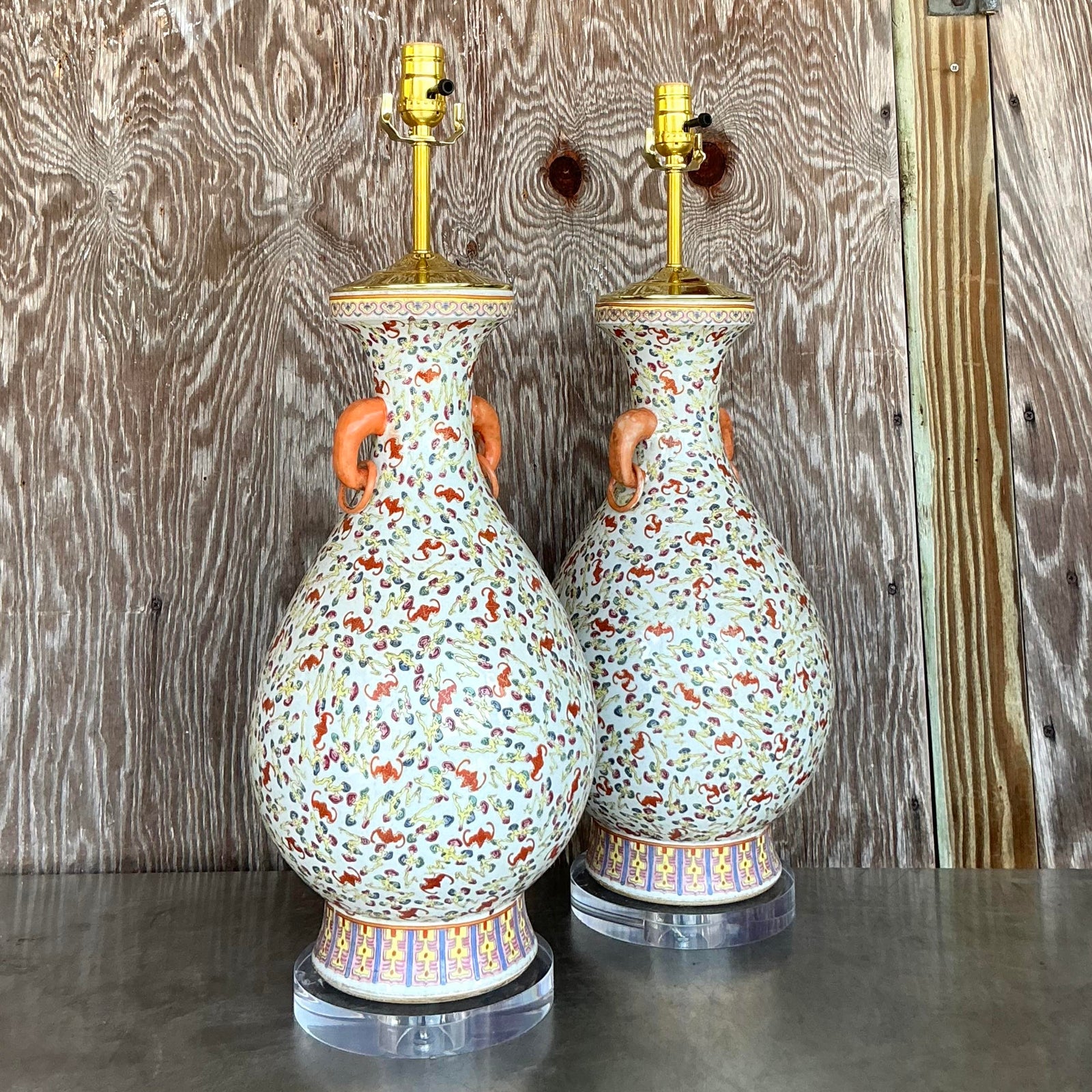 Vintage Regency Chinoiserie Floating Floral Ceramic Lamps - A Pair - Top view