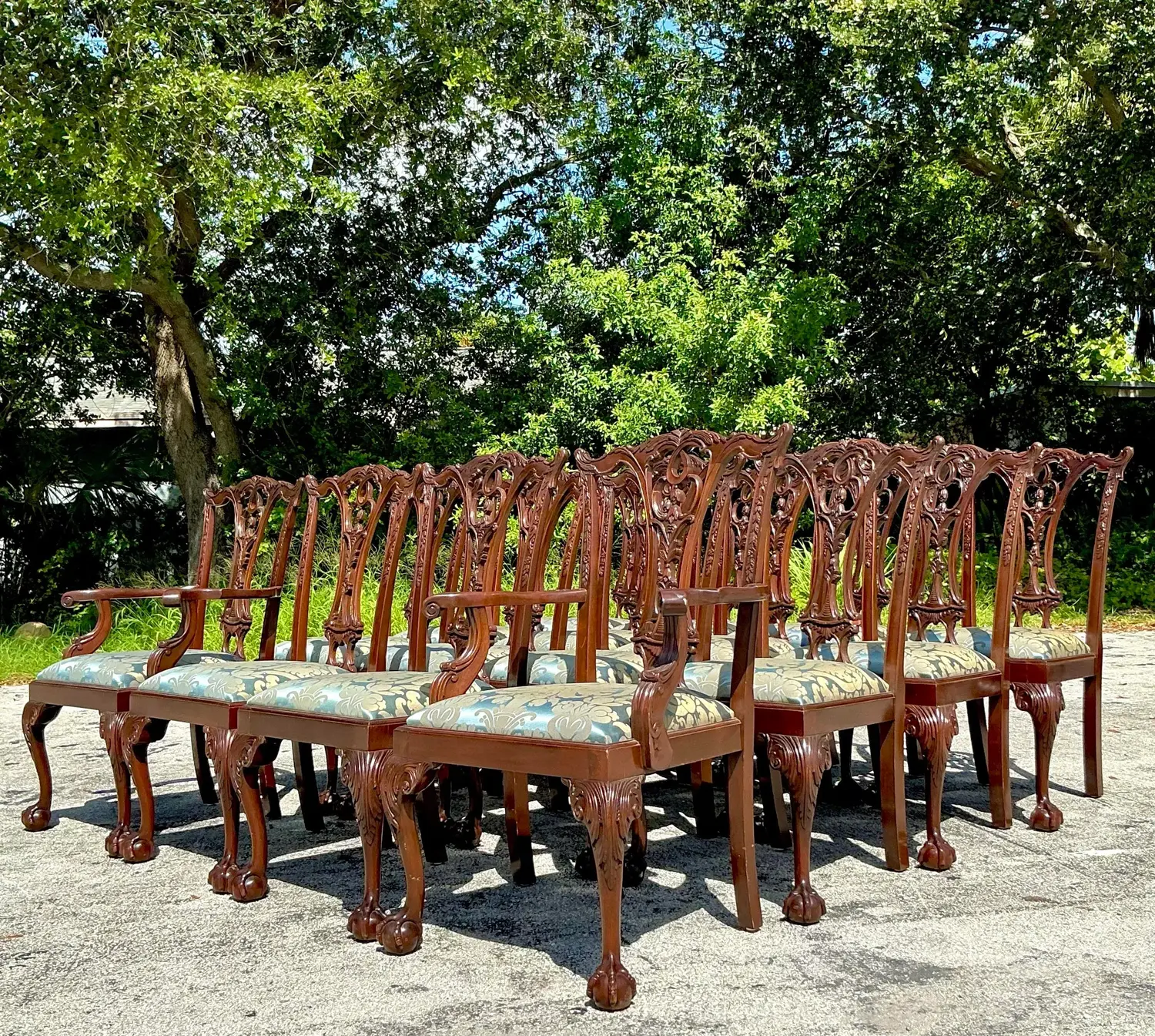 Vintage Regency Chippendale Carved Claw and Ball Dining Chairs - Set of 16 - Side view