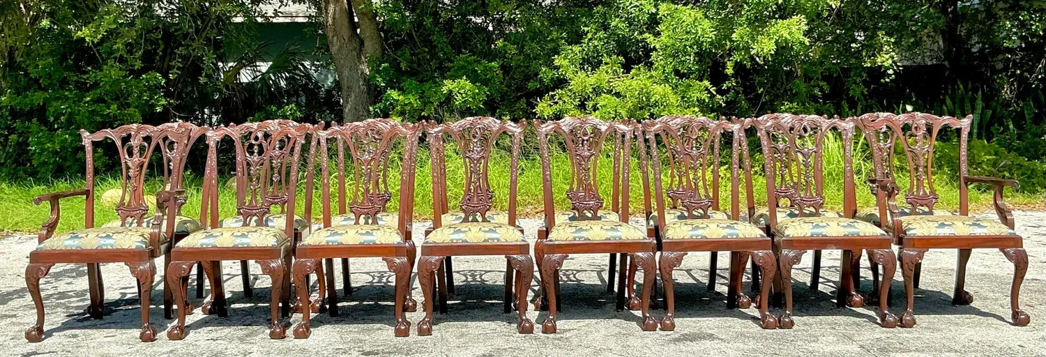 Vintage Regency Chippendale Carved Claw and Ball Dining Chairs - Set of 16 - Detail view