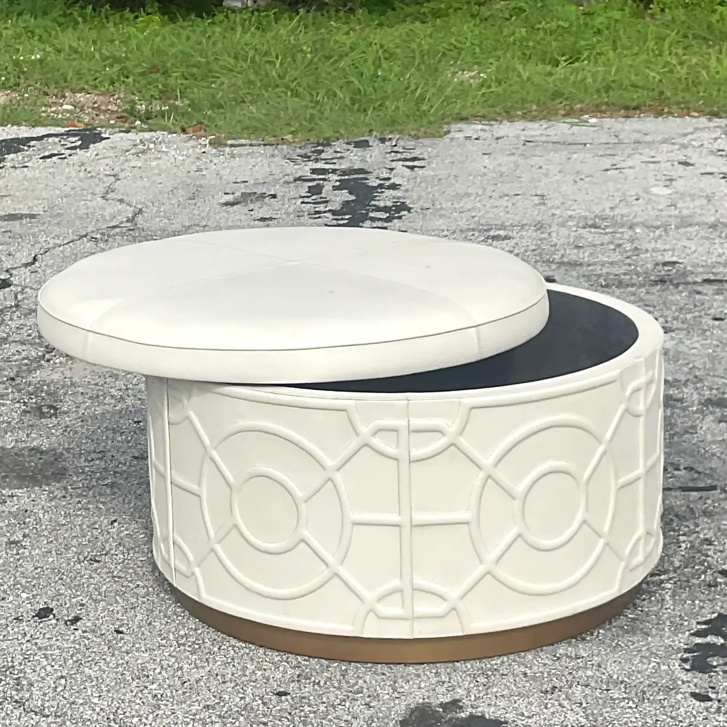 Vintage Regency Currey and Co “Alisa” Leather Storage Ottoman - Back view
