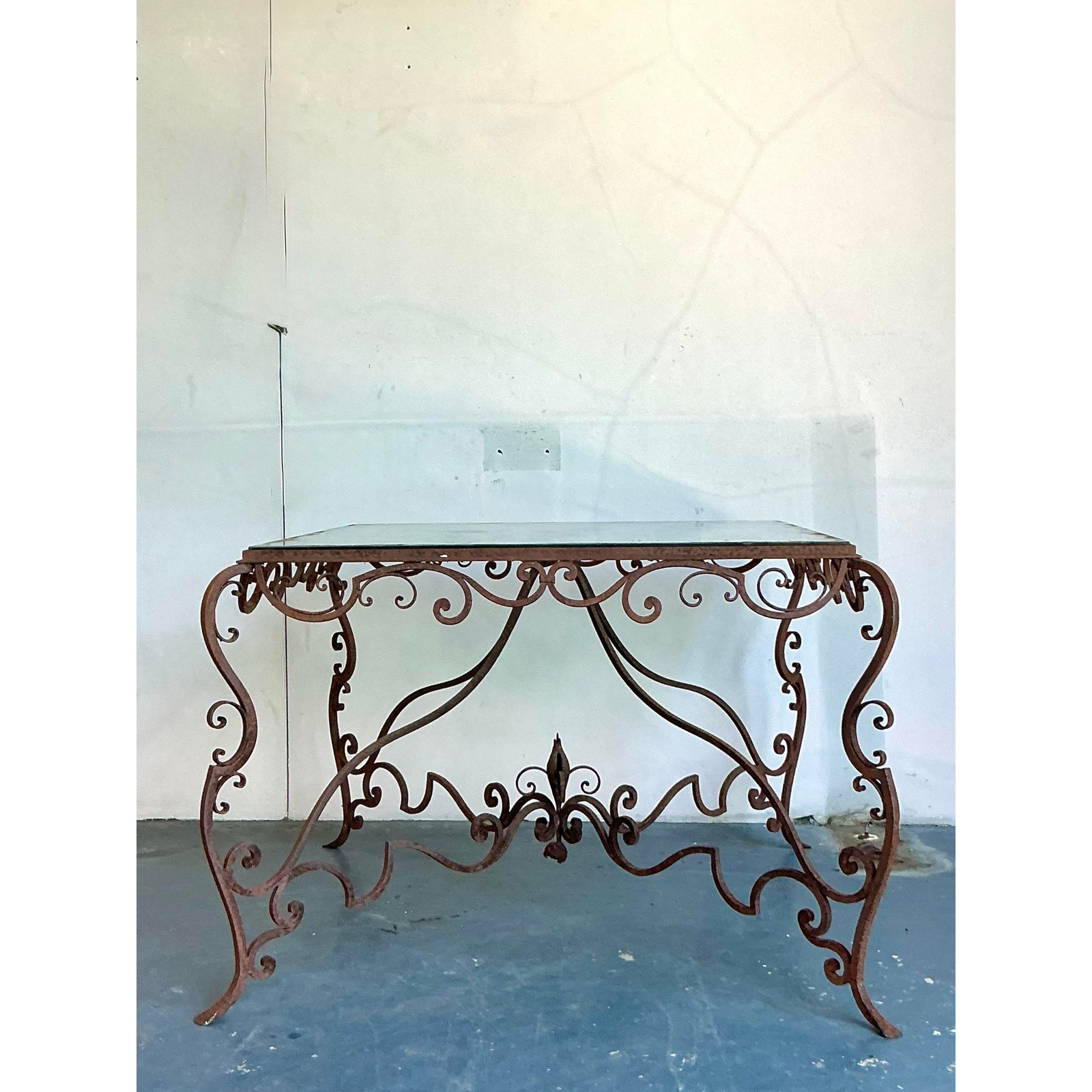 Vintage Regency Distressed Wrought Iron Scroll Dining Table - Top view