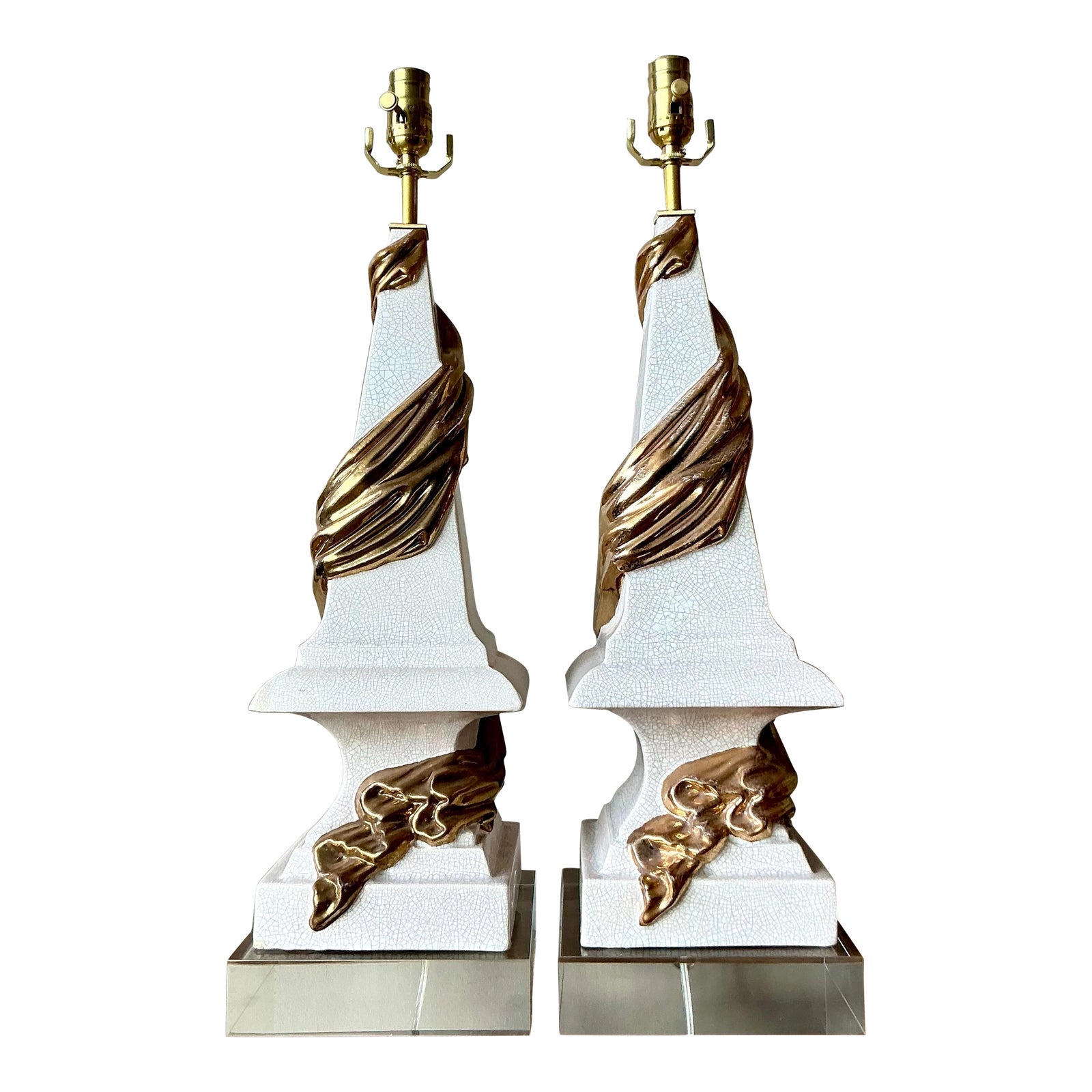 Vintage Regency Draped Swag Glazed Ceramic Lamps - A Pair