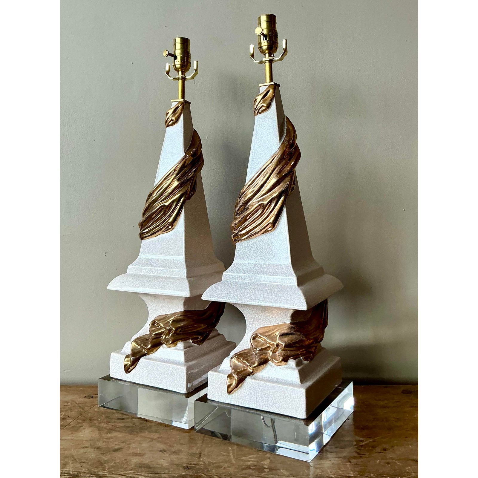 Vintage Regency Draped Swag Glazed Ceramic Lamps - A Pair - Side view