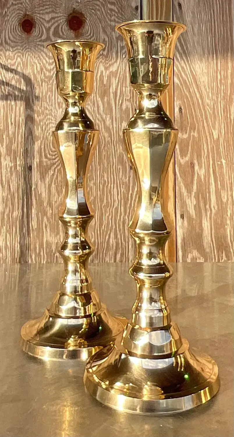 Vintage Regency Faceted Polished Brass Candlesticks - a Pair - Side view