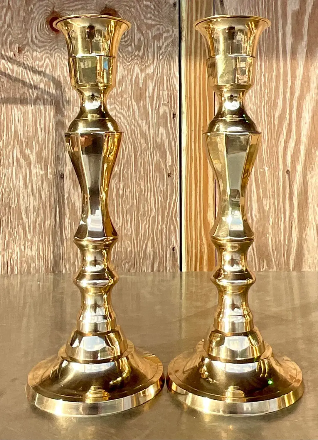 Vintage Regency Faceted Polished Brass Candlesticks - a Pair - Detail view