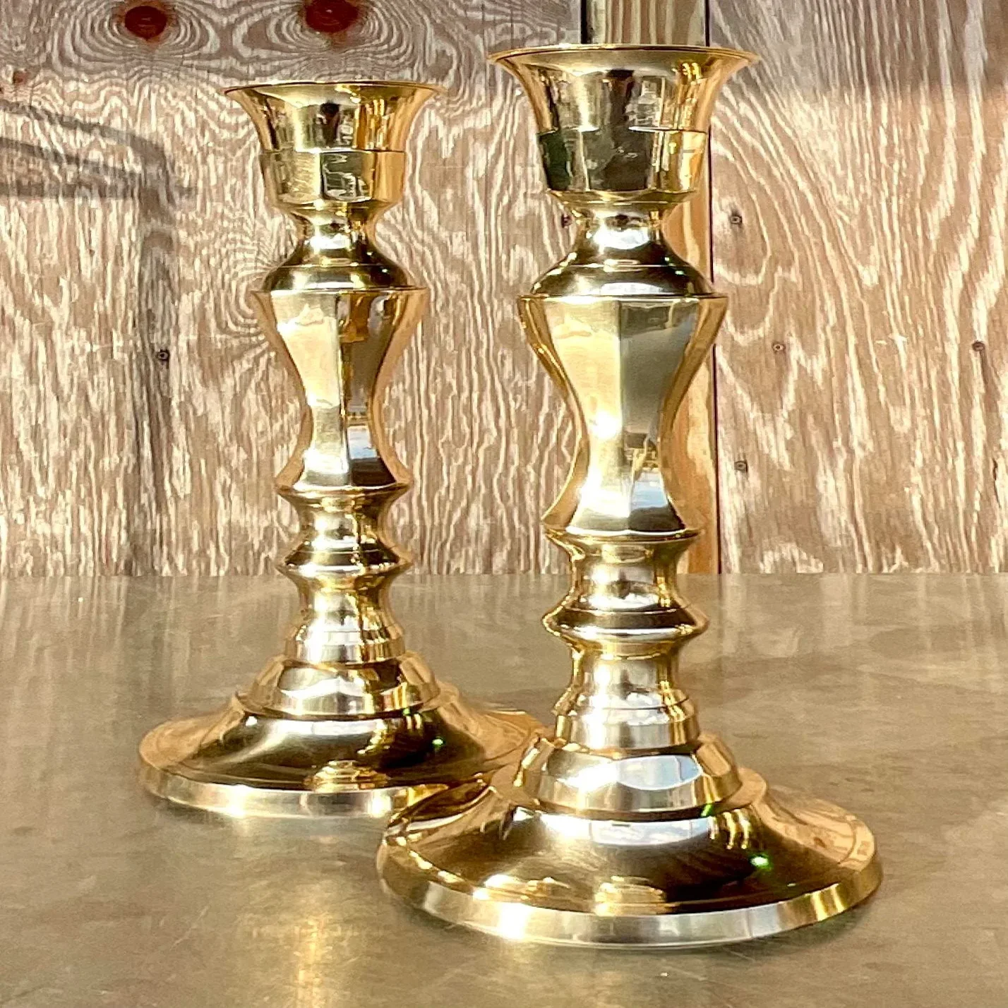 Vintage Regency Faceted Polished Brass Candlesticks - a Pair - Top view