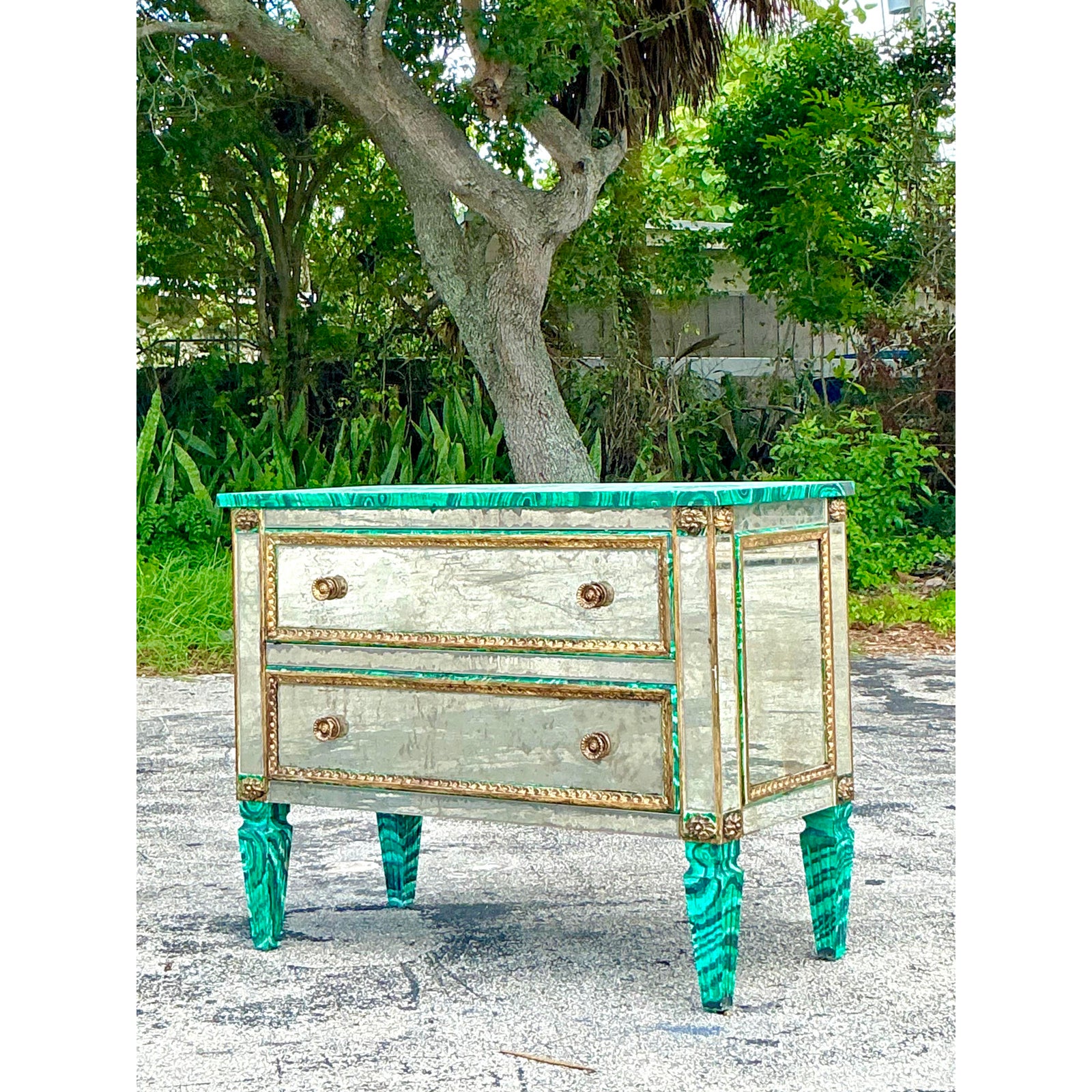 Vintage Regency Faux Painted Malachite Mirrored Chest of Drawers - Top view